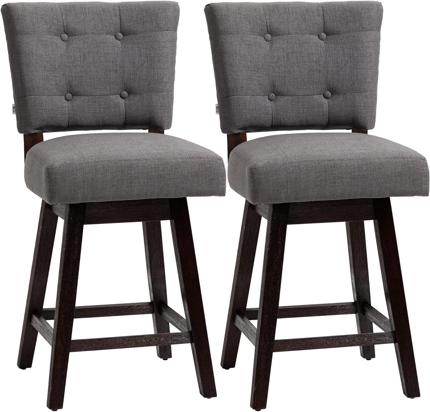 HOMCOM Counter Height Bar Stools Set of 2, Fabric Tufted Swivel Barstools 26.5 Inch Seat Height with Rubber Wood Legs and Footrest for Dining Room, Kitchen, Pub, Grey