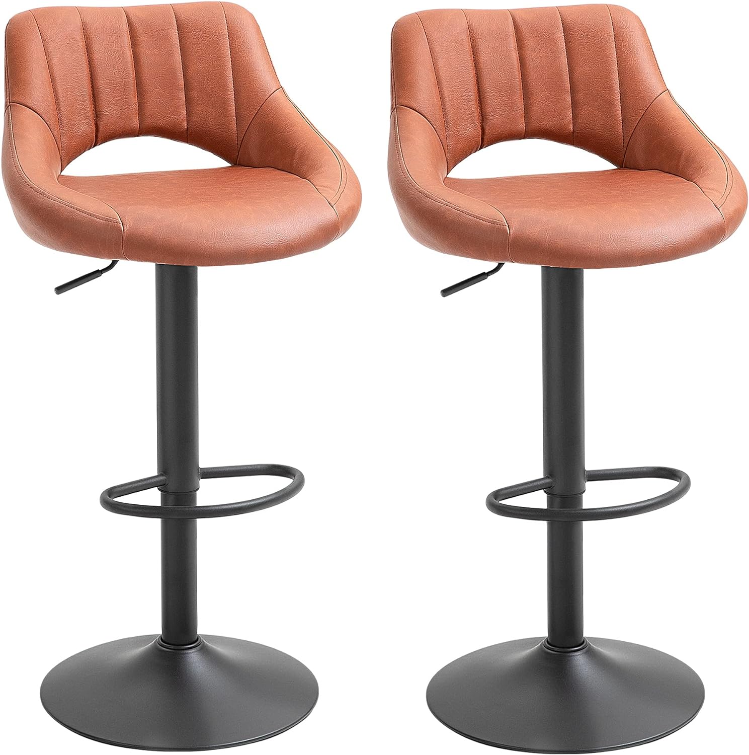 HOMCOM Bar Stools Set of 2, Swivel Bar Height Barstools Chairs with Adjustable Height, Round Heavy Metal Base, and Footrest, Brown