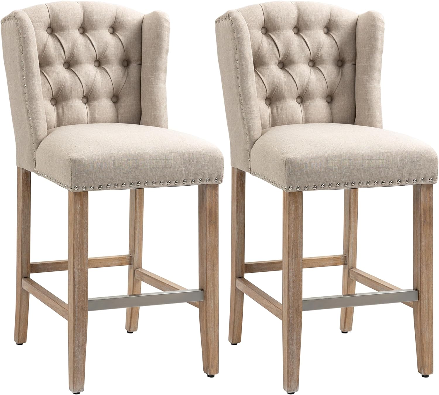 HOMCOM Counter Height Bar Stools Set of 2, Upholstered 26.75 Seat Height Barstools, Breakfast Chairs with Nailhead-Trim, Tufted Back and Wood Legs, Beige