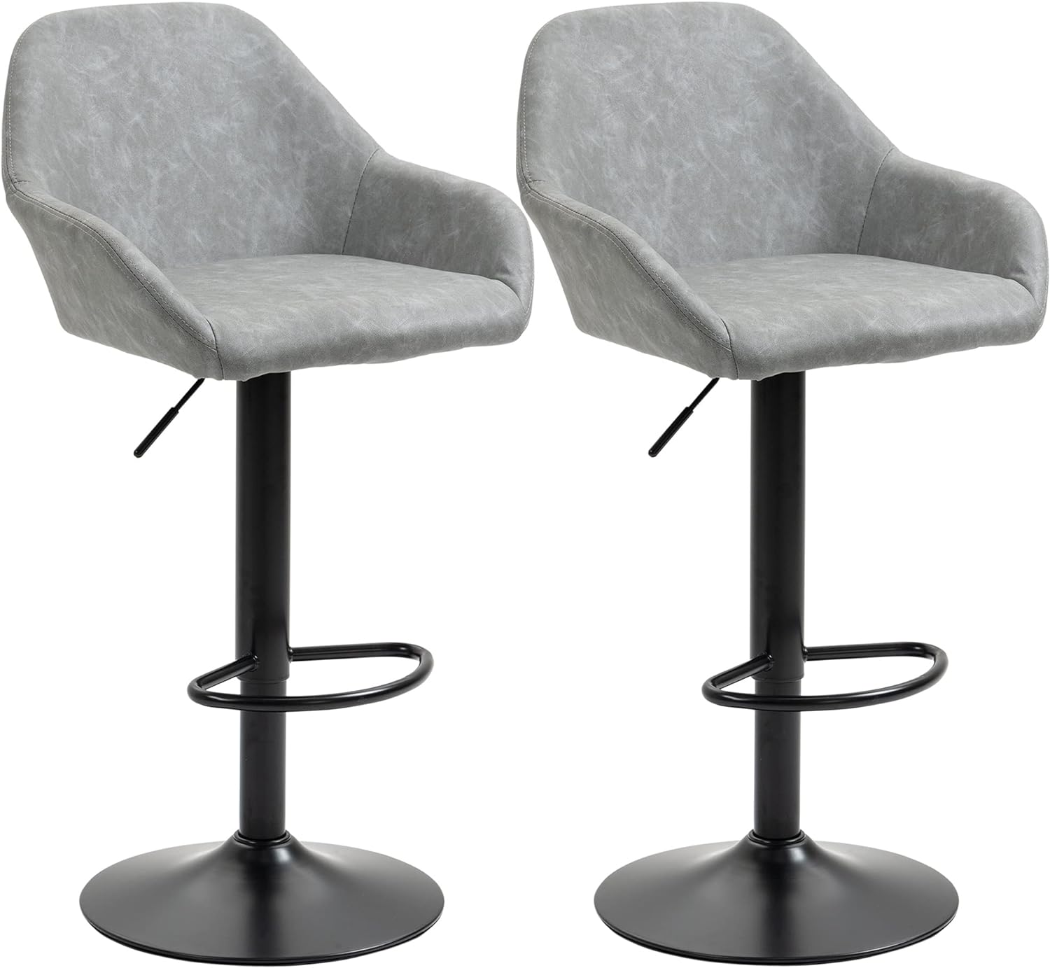 HOMCOM Adjustable Bar Stools, Swivel Counter Height Barstools with Footrest and Back, PU Leather and Steel Round Base, for Kitchen Counter and Dining Room, Set of 2, Grey