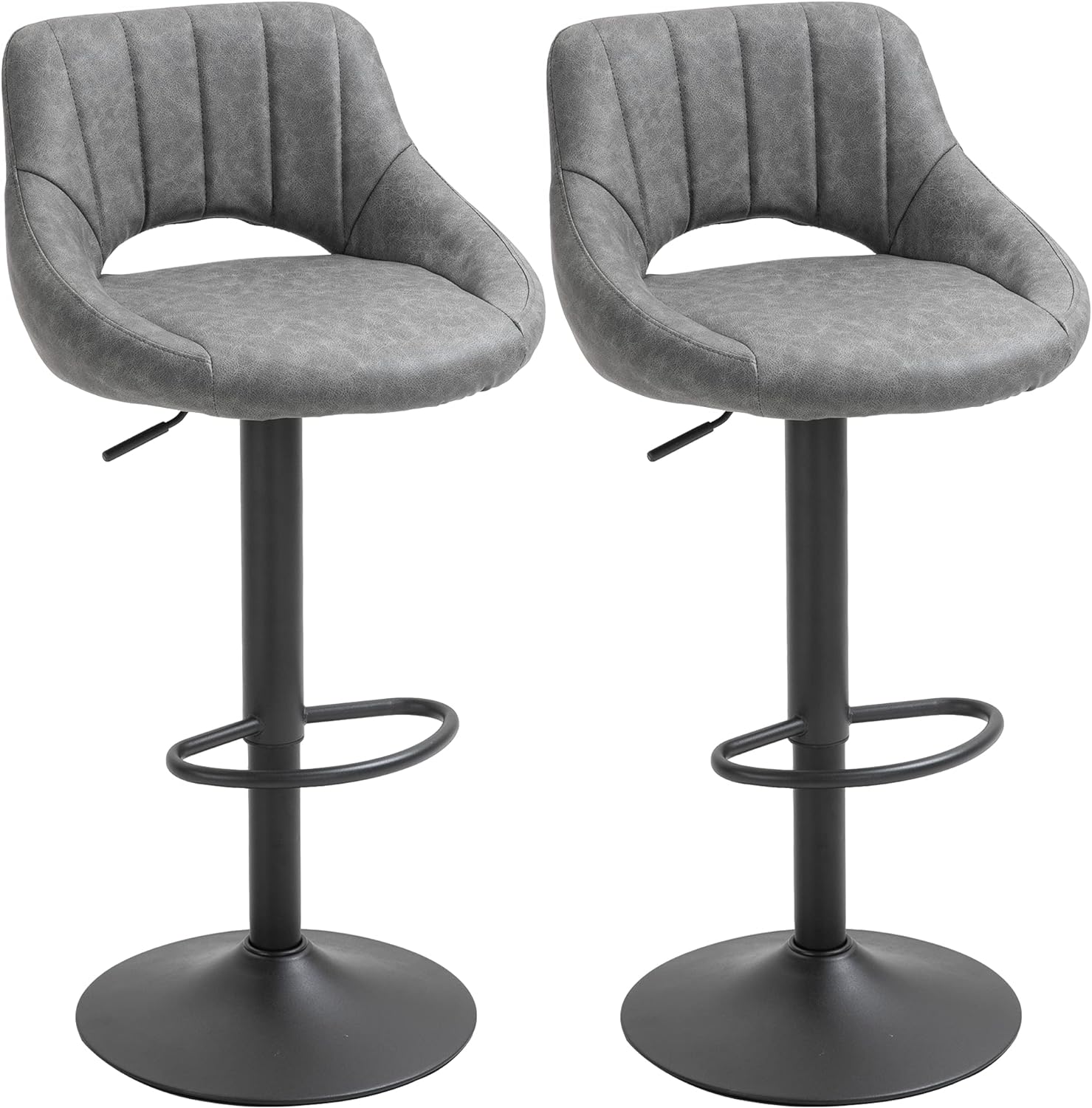 HOMCOM Bar Stools Set of 2, Swivel Bar Height Barstools Chairs with Adjustable Height, Round Heavy Metal Base, and Footrest, Gray