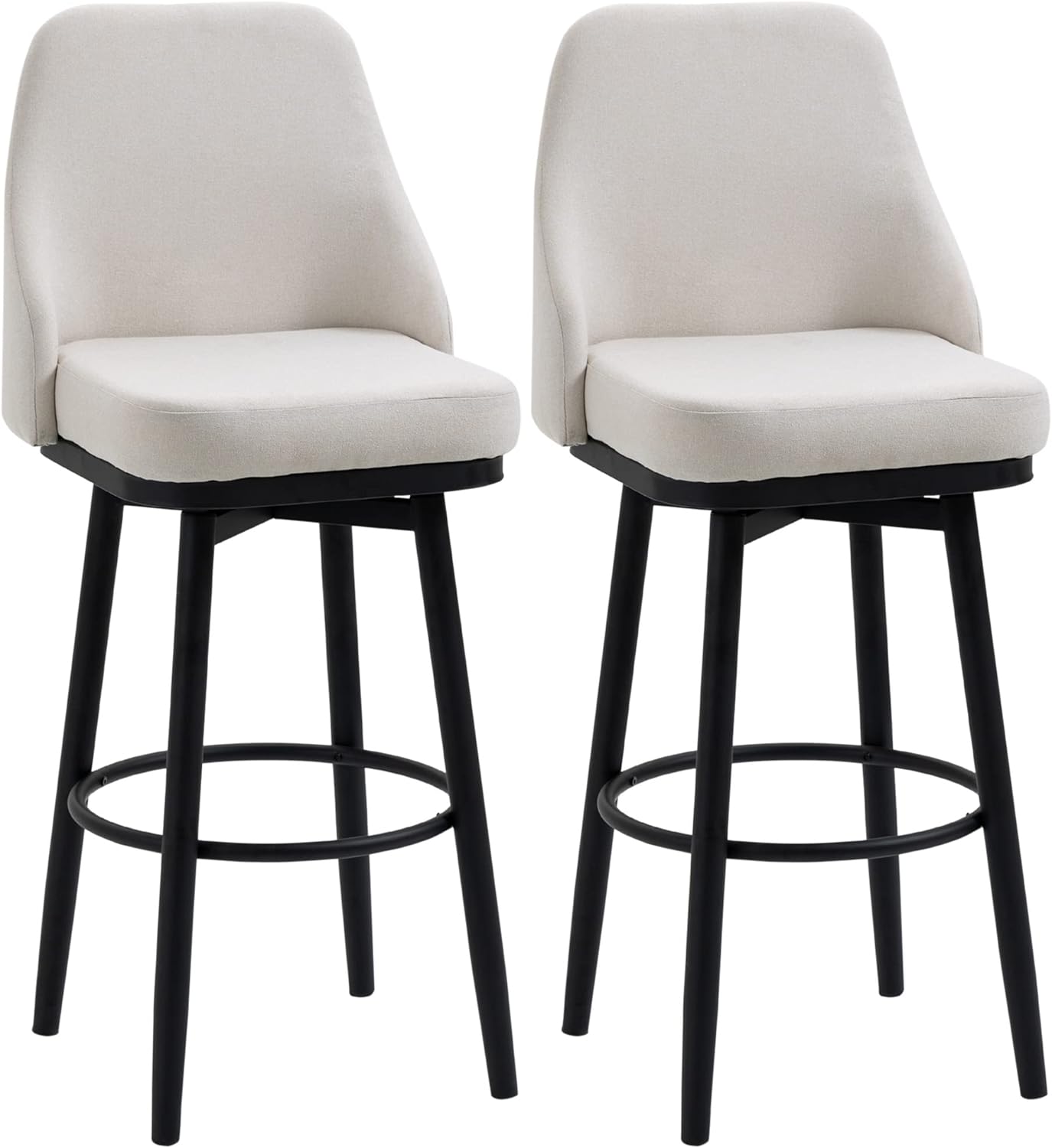 HOMCOM Bar Height Bar Stools Set of 2, Modern 360 Swivel Barstools, 29.5 Inch Seat Height Upholstered Kitchen Chairs with Steel Legs and Footrest, Cream White