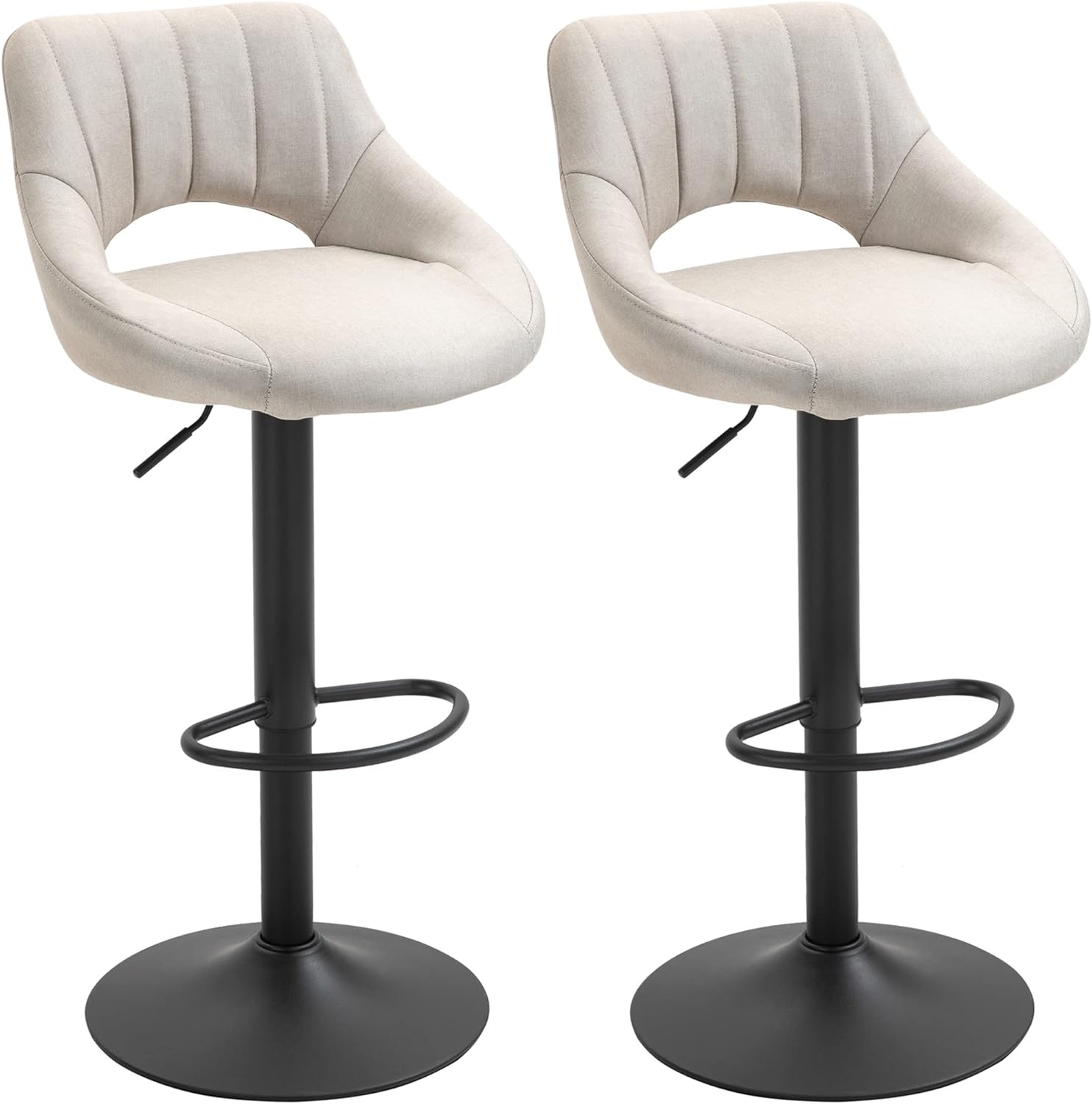 HOMCOM Bar Stools Set of 2, Swivel Bar Height Barstools Chairs with Adjustable Height, Round Heavy Metal Base, and Footrest, Cream White