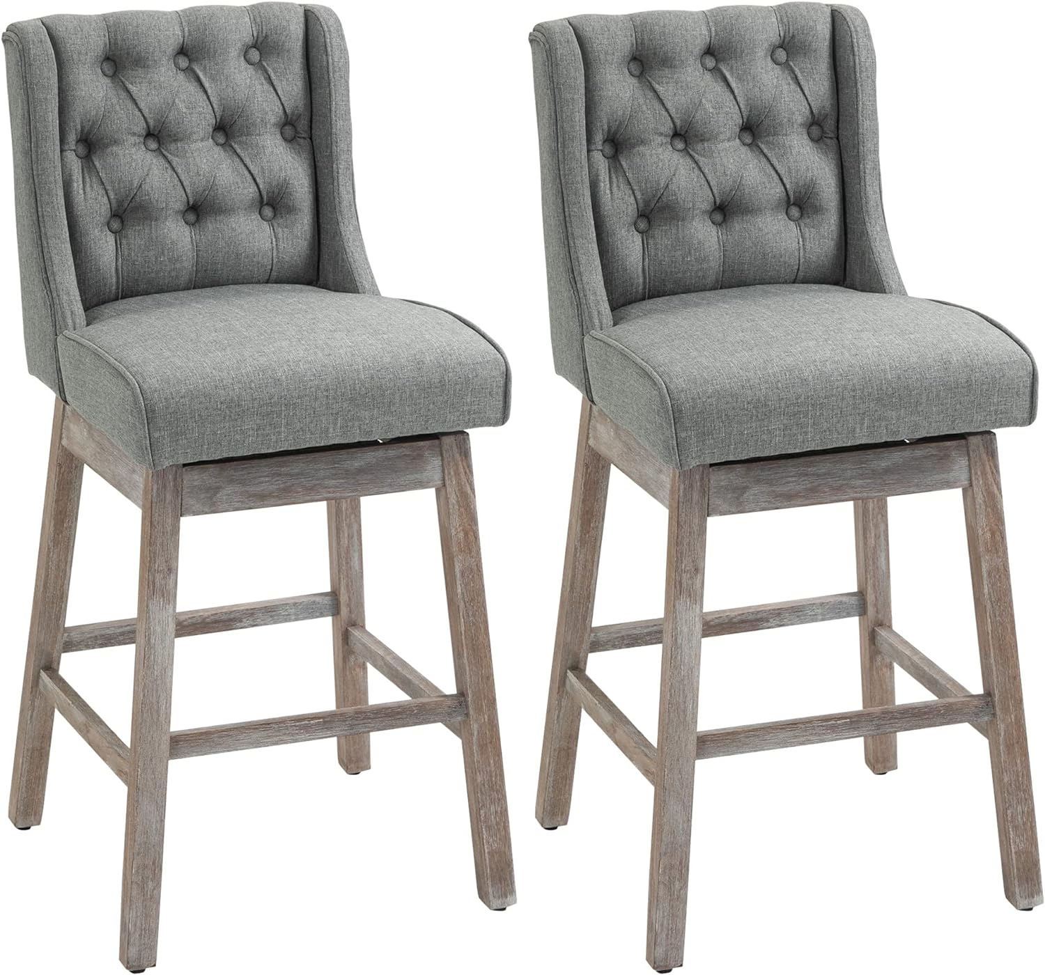 HOMCOM Bar Height Bar Stools Set of 2, 180 Degree Swivel Barstools, 30 Seat Height Bar Chairs with Solid Wood Footrests and Button Tufted Design, Gray