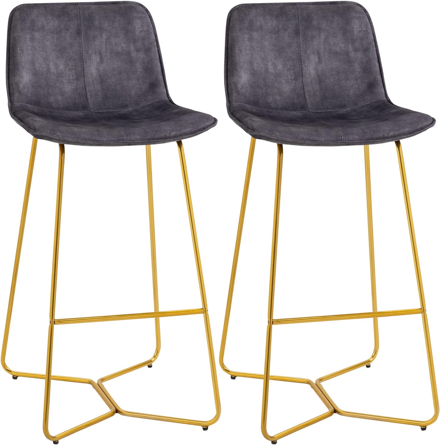 HOMCOM Bar Height Bar Stools, Velvet-Touch Fabric Bar Chairs, 30.25 Seat Height Stools with Gold-Tone Metal Legs for Dining Area, Home Bar, Set of 2, Gray