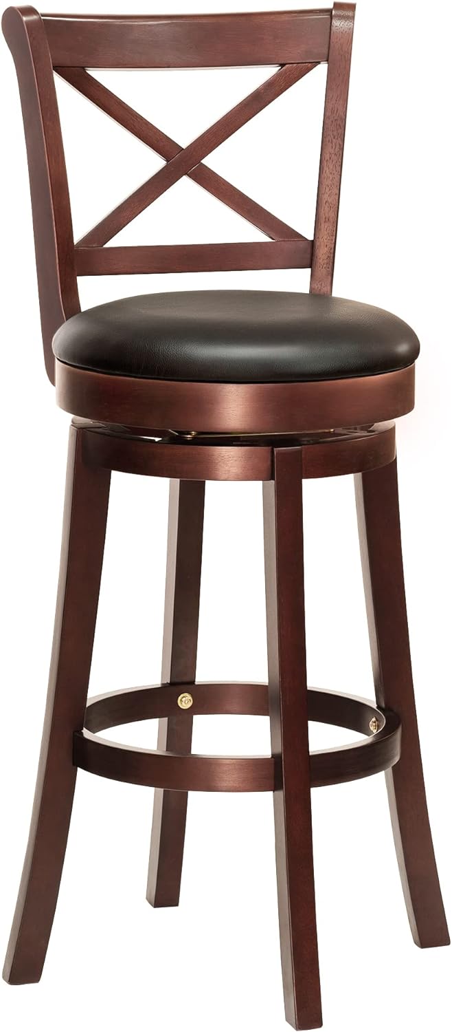 HOMCOM Swivel Bar Stool with Back, 31 Inch PU Leather Bar Height Stool, Farmhouse Barstool with Rubberwood Frame, Black