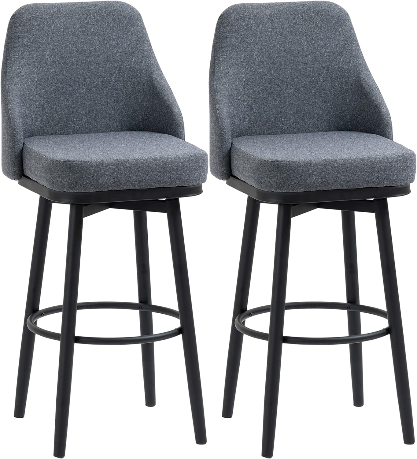 HOMCOM Bar Height Bar Stools Set of 2, Modern 360 Swivel Barstools, 29.5 Inch Seat Height Upholstered Kitchen Chairs with Steel Legs and Footrest, Dark Grey