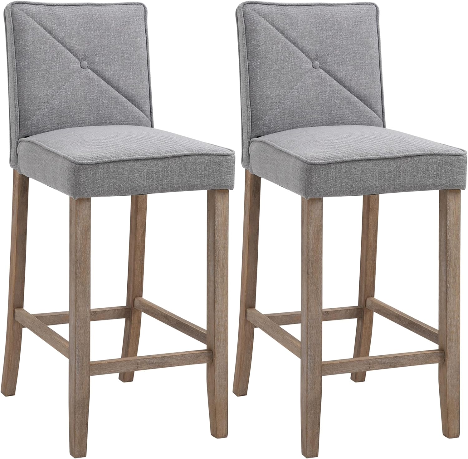 HOMCOM Modern Bar Stools Set of 2, Upholstered Bar Height Kitchen Stools with Build-in Footrest, Solid Wood Legs, Gray