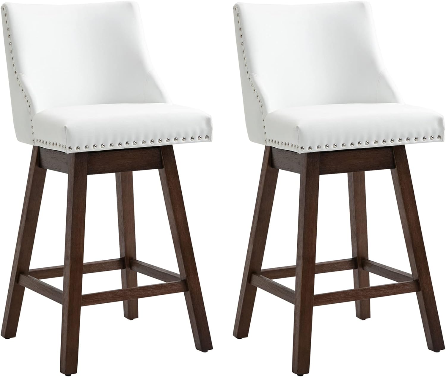 HOMCOM 28 Swivel Bar Height Bar Stools Set of 2, Armless Upholstered Barstools Chairs with Nailhead Trim and Wood Legs, White