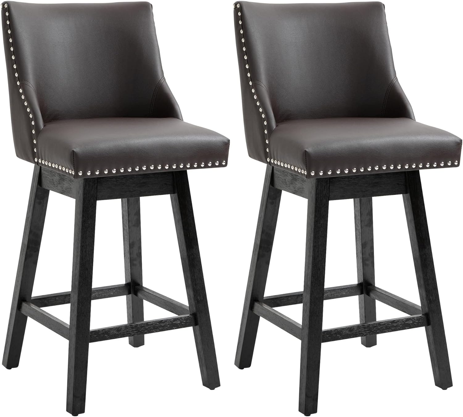 HOMCOM 28 Swivel Bar Height Bar Stools Set of 2, Armless Upholstered Barstools Chairs with Nailhead Trim and Wood Legs, Brown