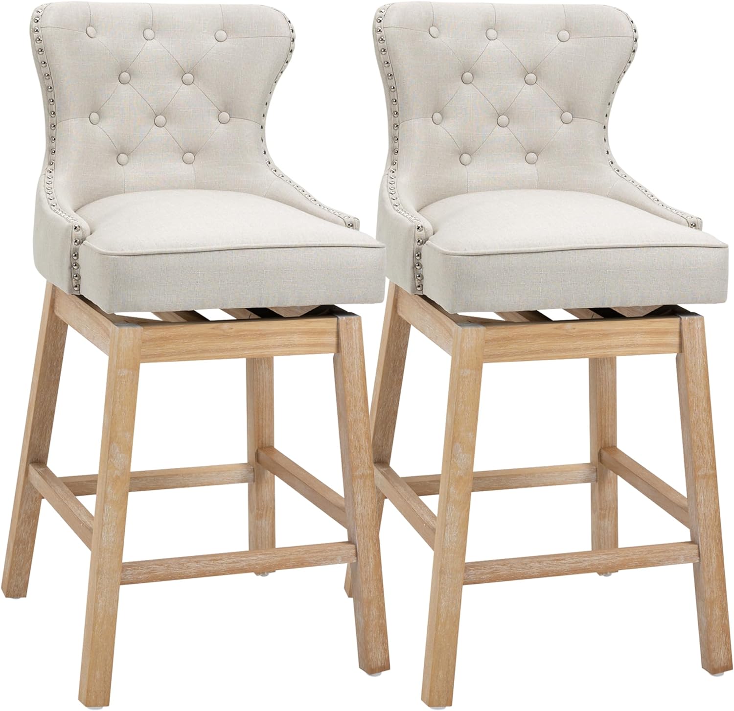 HOMCOM Upholstered Fabric Bar Height Bar Stools, 180 Swivel Nailhead-Trim Pub Chairs, 30 Seat Height with Rubber Wood Legs, Set of 2, Cream