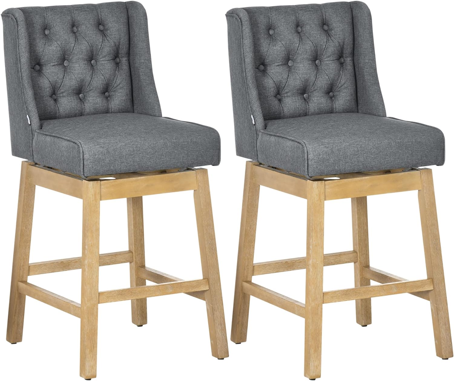 HOMCOM Bar Height Bar Stools Set of 2, 180 Degree Swivel Kitchen Island Stool, 30 Seat Height with Solid Wood Footrests and Button Tufted Design, Gray