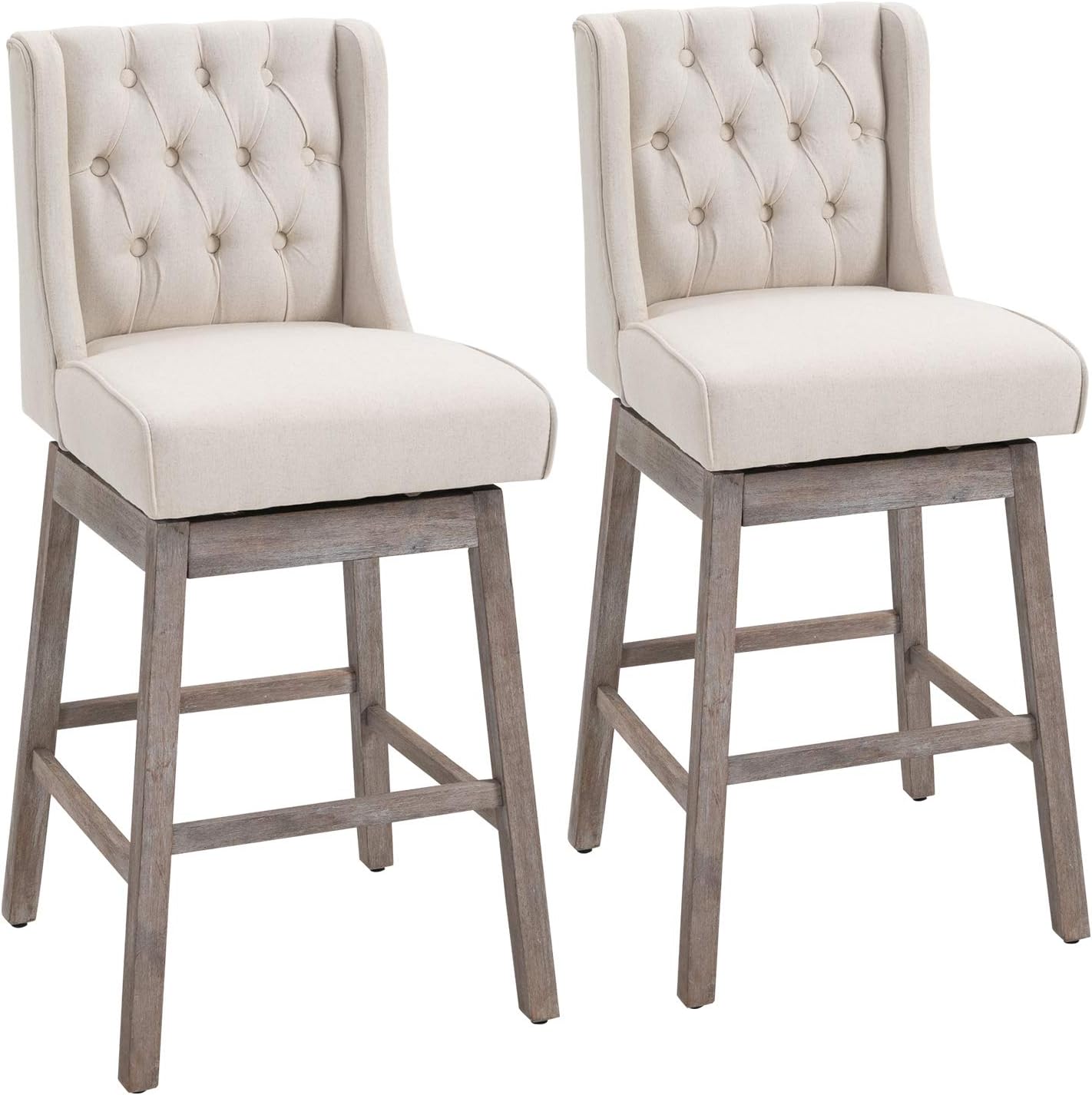 HOMCOM Bar Height Bar Stools Set of 2, 180 Degree Swivel Barstools, 30 Seat Height Bar Chairs with Solid Wood Footrests and Button Tufted Design, Beige