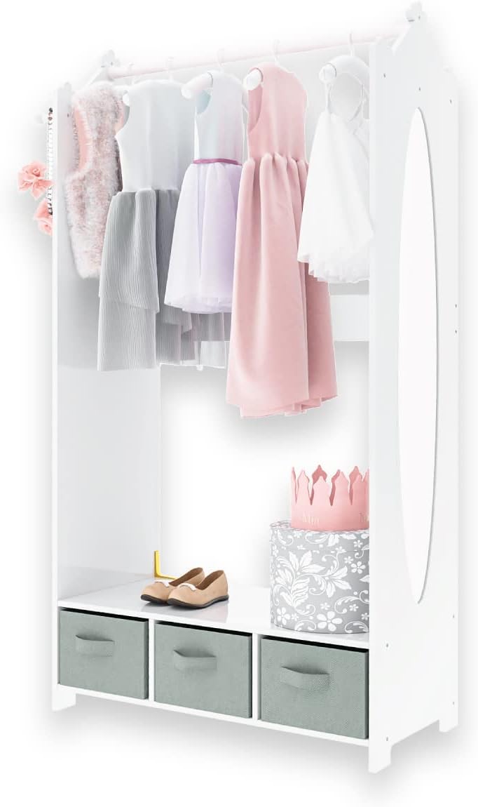 Milliard Dress Up Storage Kids Costume Organizer Center, Open Hanging Armoire Closet Unit Furniture (White)