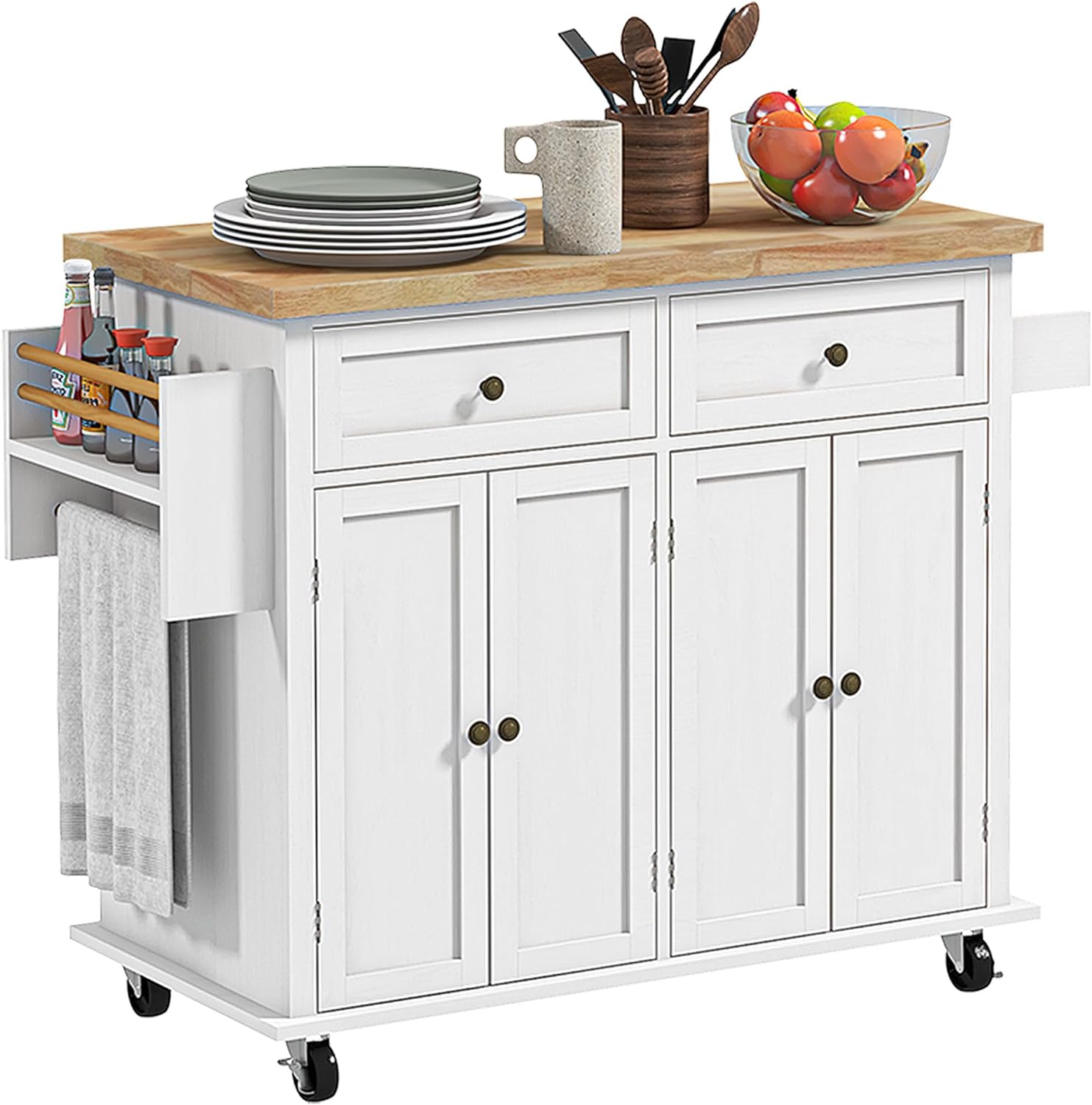 HOMCOM Kitchen Island on Wheels, Rolling Cart with Rubberwood Top, Spice Rack, Towel Rack and Drawers for Dining Room, Distressed White