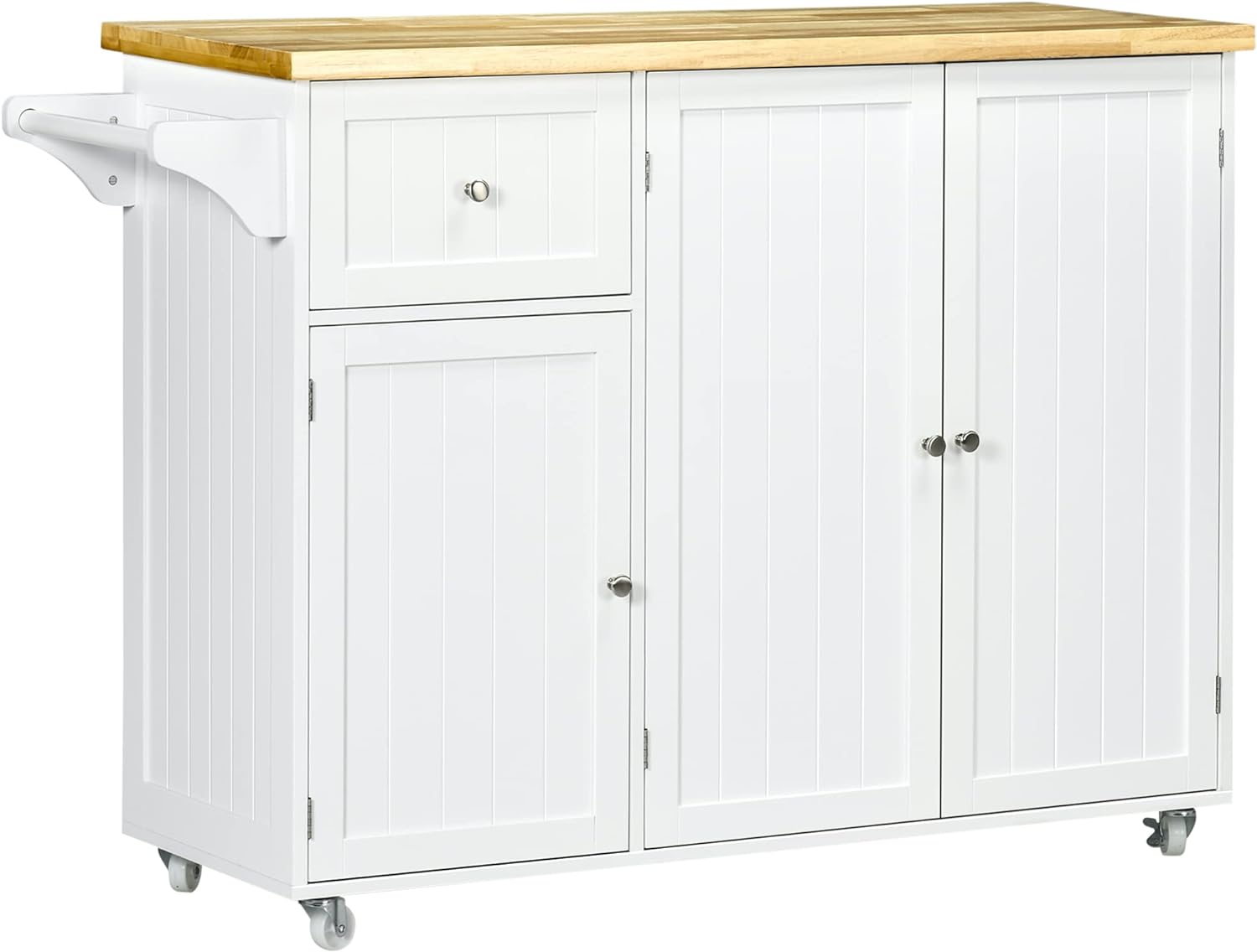 HOMCOM Triple-Cabinet Rolling Kitchen Island on Wheels, Kitchen Cart with Storage Shelf Adjustment, Rolling Utility Cart with Wood Top, Towel Rack, Big Drawer, White