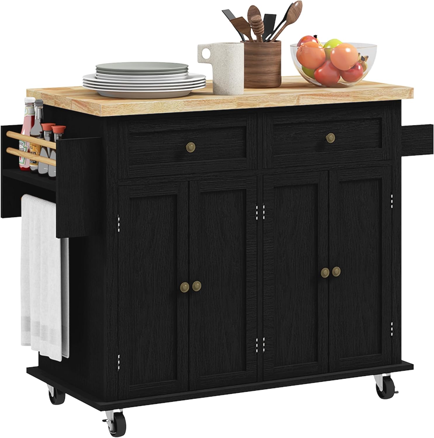 HOMCOM Kitchen Island on Wheels, Rolling Cart with Rubberwood Top, Spice Rack, Towel Rack and Drawers for Dining Room, Distressed Black