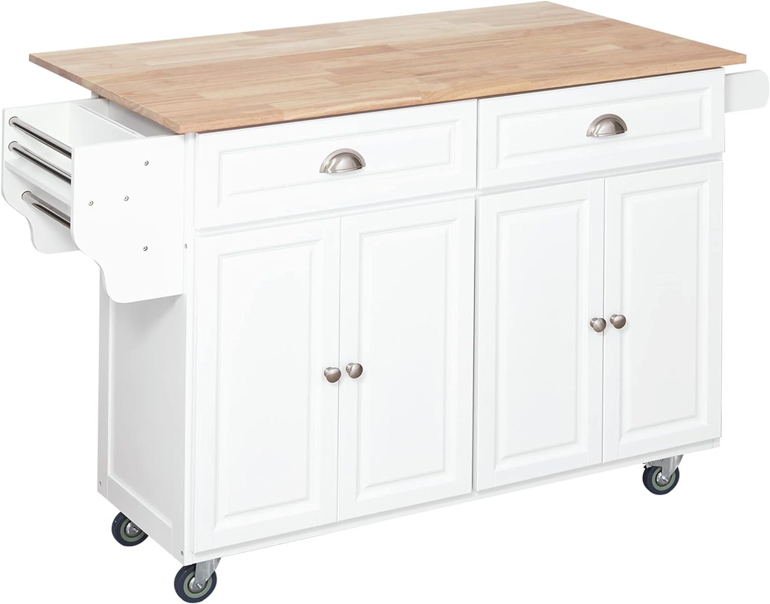 HOMCOM Rolling Kitchen Island on Wheels, Kitchen Cart with Solid Wood Drop Leaf Breakfast Bar, Storage Drawers, 4-Door Cabinets, Spice Rack, White