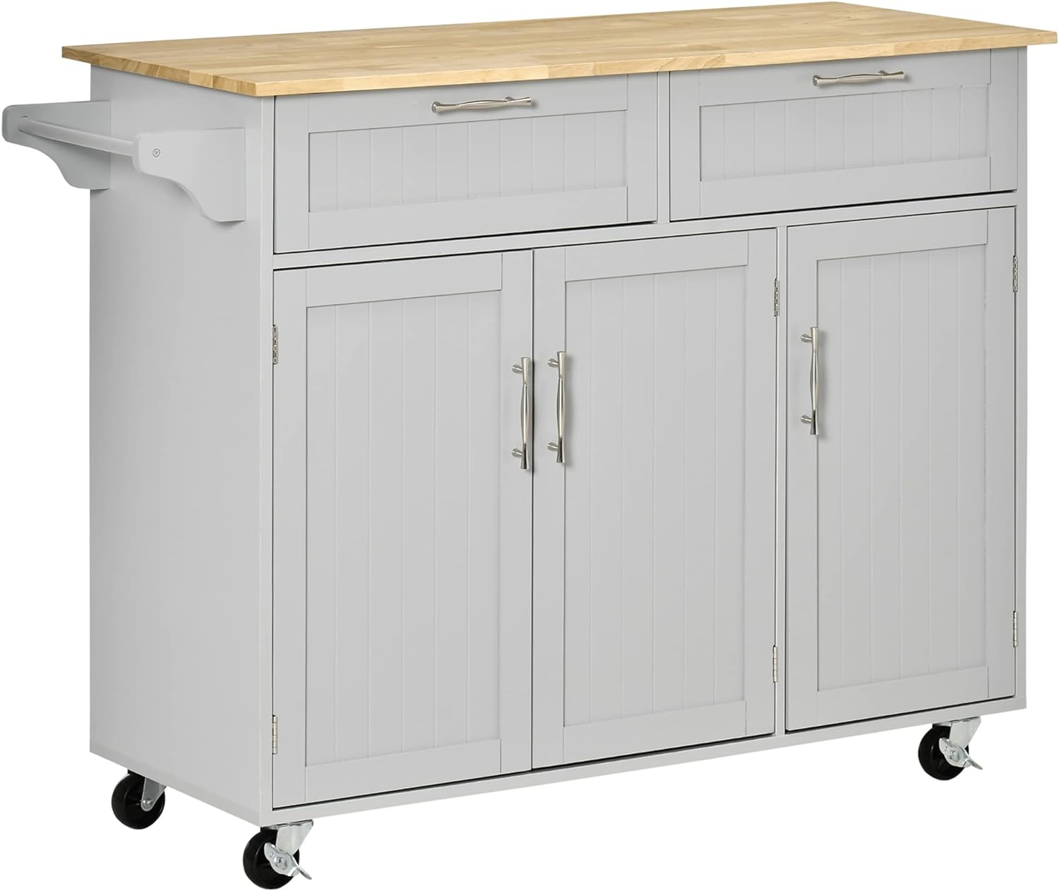 HOMCOM Mobile Kitchen Island with Storage, Kitchen Cart with Wood Top, Storage Drawers, 3-Door Cabinets, Adjustable Shelves and Towel Rack, Gray