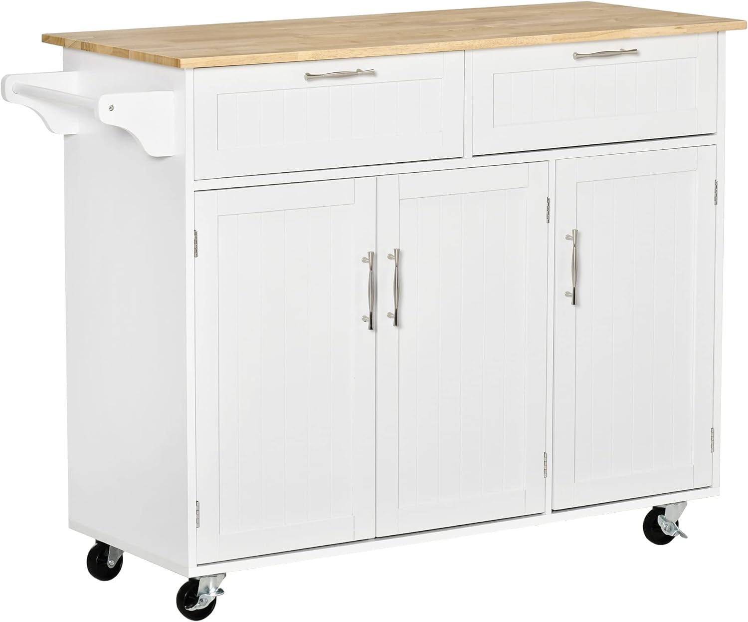 HOMCOM Mobile Kitchen Island with Storage, Kitchen Cart with Wood Top, Storage Drawers, 3-Door Cabinets, Adjustable Shelves and Towel Rack, White