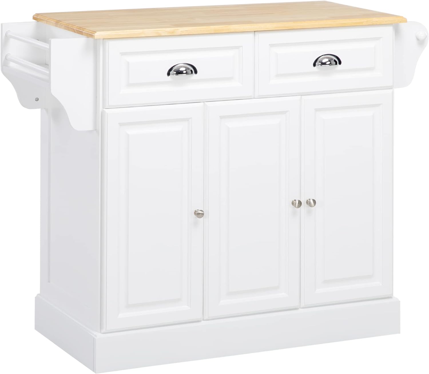 HOMCOM Triple-Cabinet Kitchen Island on Wheels, Kitchen Storage Cabinet with Drawers & Countertop, Rolling Utility Cart with Wood Top, Towel Rack, Spice Stand, White