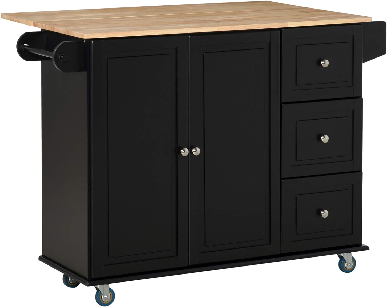 HOMCOM Mobile Kitchen Island with Drop Leaf, Storage Trolley Cart on Wheels, Towel/Spice Rack, 3 Drawers, 2-Door Cabinet, Black