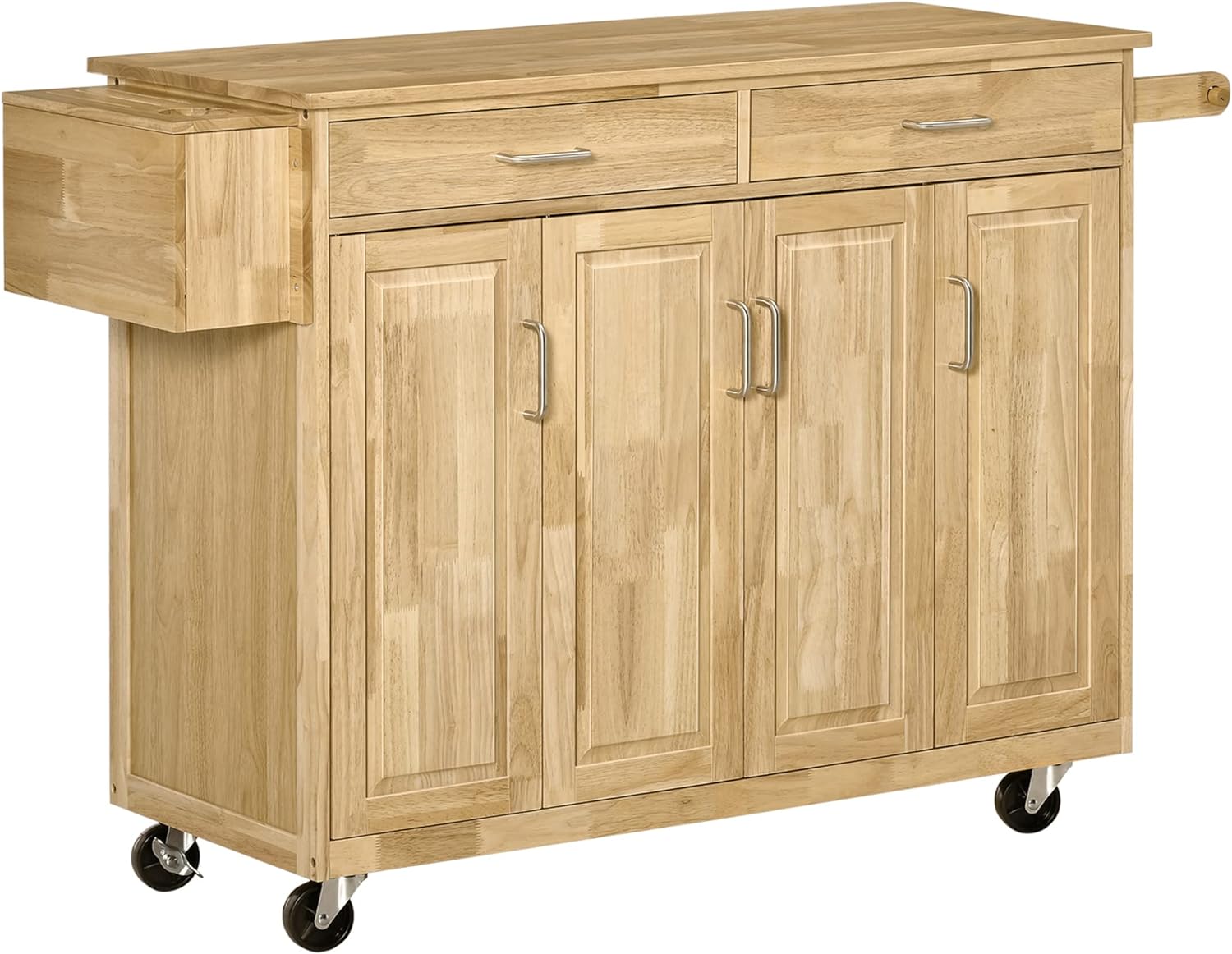 HOMCOM Kitchen Island on Wheels, Natural Hardwood Kitchen Cart with Drawers, Storage Cabinets, and Tool Caddy, Microwave Cart for Dining Room, 54 Inches Wide