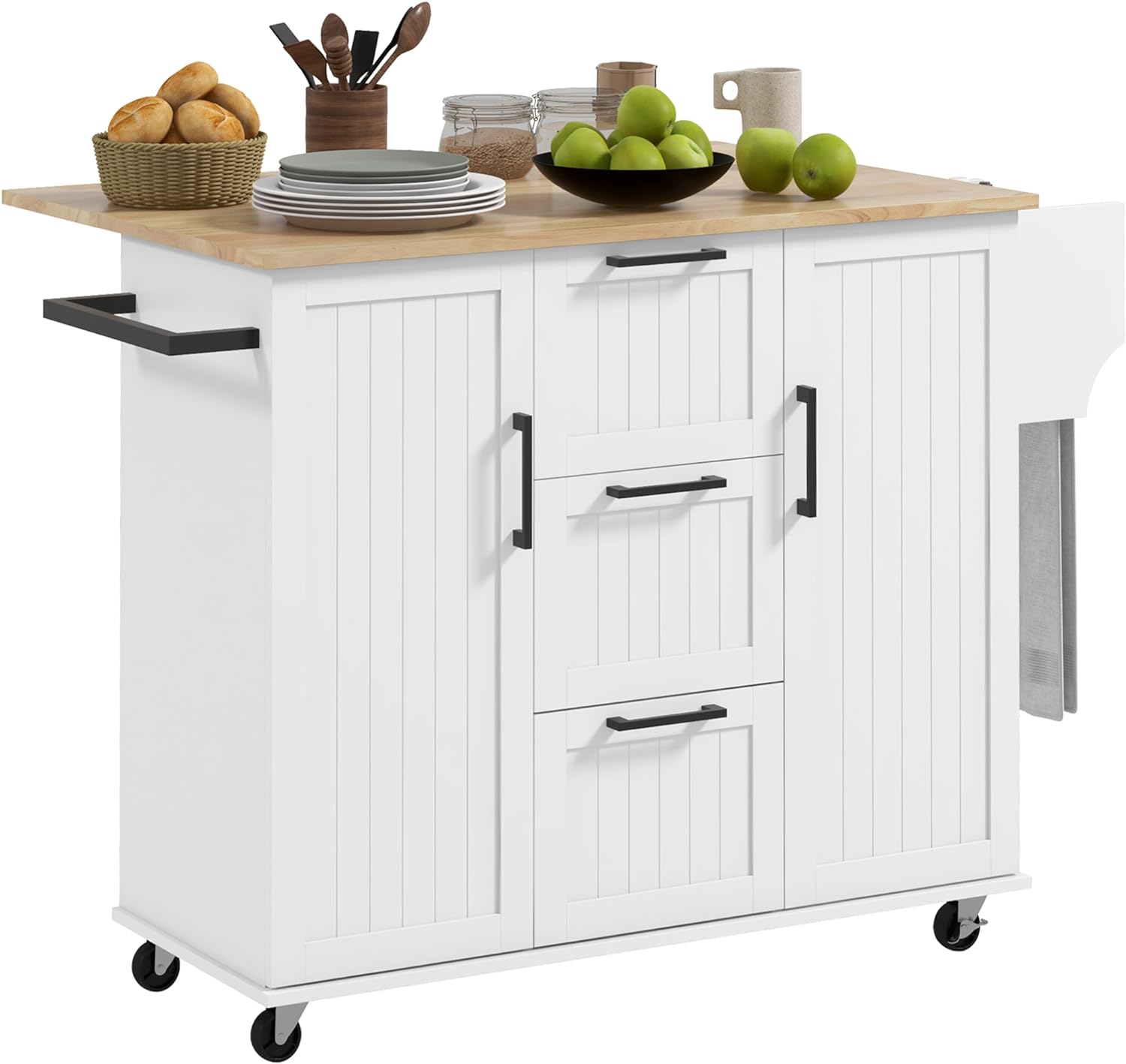 HOMCOM Kitchen Island with Drop Leaf, Rolling Kitchen Cart on Wheels with 3 Drawers, 2 Cabinets, Natural Wood Top, Spice Rack and Towel Rack, White