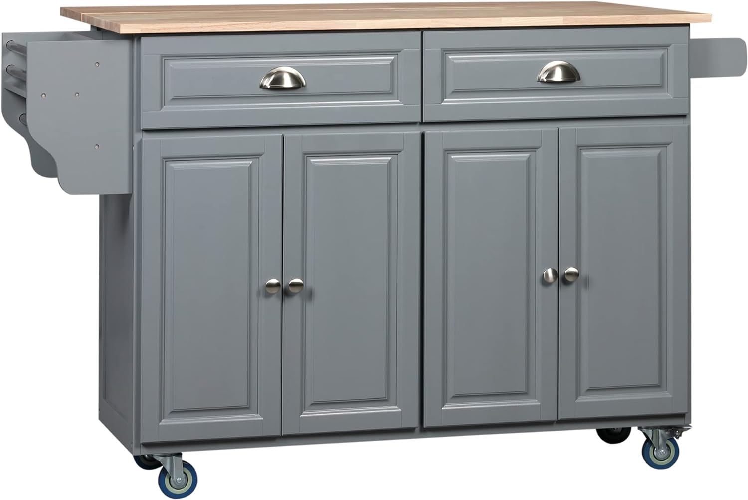 HOMCOM Rolling Kitchen Island on Wheels, Kitchen Cart with Solid Wood Drop Leaf Breakfast Bar, Storage Drawers, 4-Door Cabinets, Spice Rack, Dark Gray