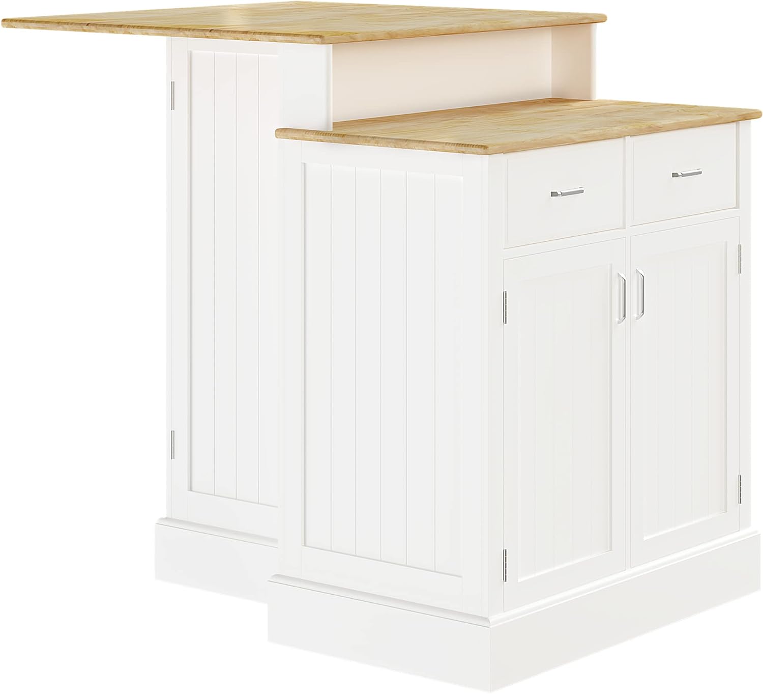 HOMCOM Kitchen Island with Storage Cabinet and 2-Level Rubber Wood Tabletop, Island Table with Adjustable Shelves and Drawers, White