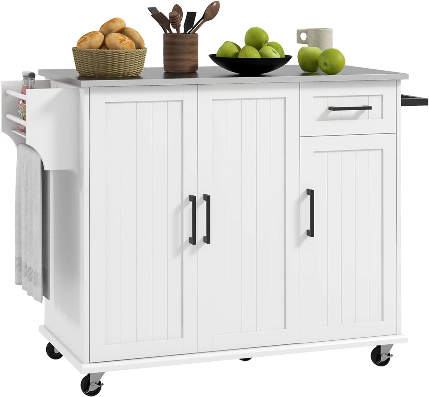 HOMCOM Kitchen Island with Storage, Rolling Kitchen Island on Wheels with Drawer, 3 Cabinets, Stainless Steel Countertop, Spice Rack and Towel Rack, White