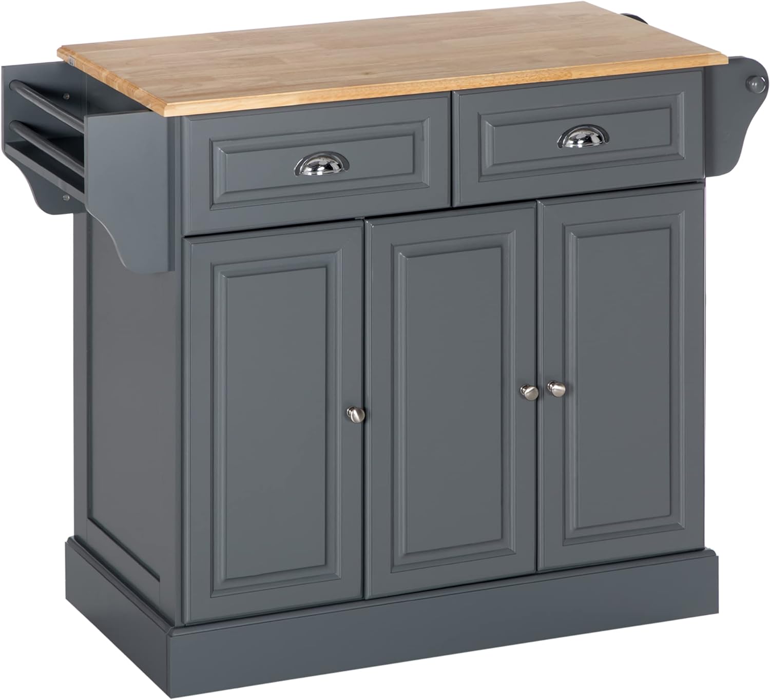 HOMCOM Triple-Cabinet Kitchen Island on Wheels, Kitchen Storage Cabinet with Drawers & Countertop, Rolling Utility Cart with Wood Top, Towel Rack, Spice Stand, Dark Gray