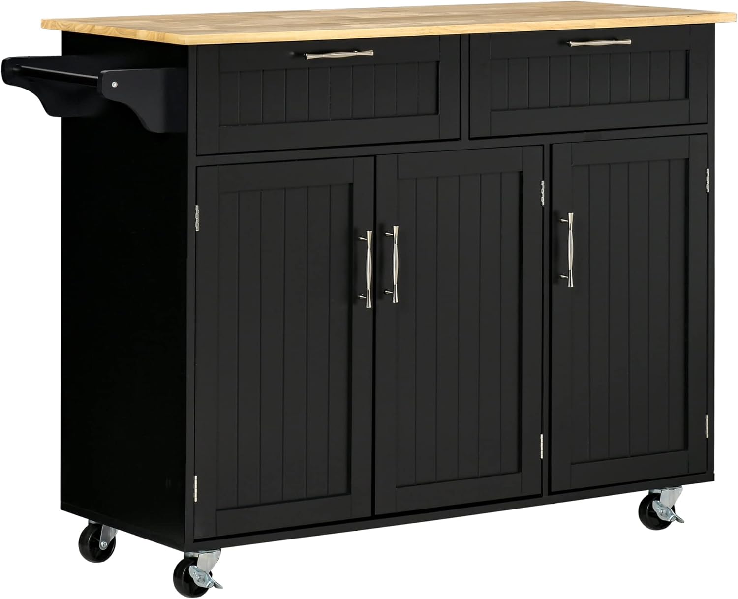 HOMCOM Mobile Kitchen Island with Storage, Kitchen Cart with Wood Top, Storage Drawers, 3-Door Cabinets, Adjustable Shelves and Towel Rack, Black