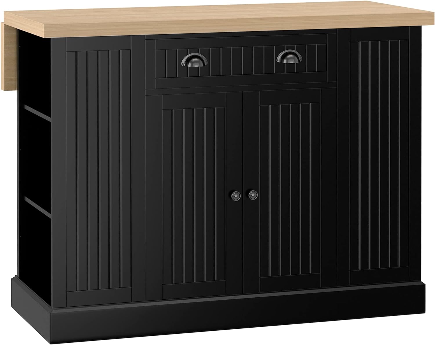 HOMCOM 47 Fluted-Style Wooden Kitchen Island, Kitchen Countertop Storage Cabinet with Drop Leaf, Drawer, Open Shelves, Storage, Black