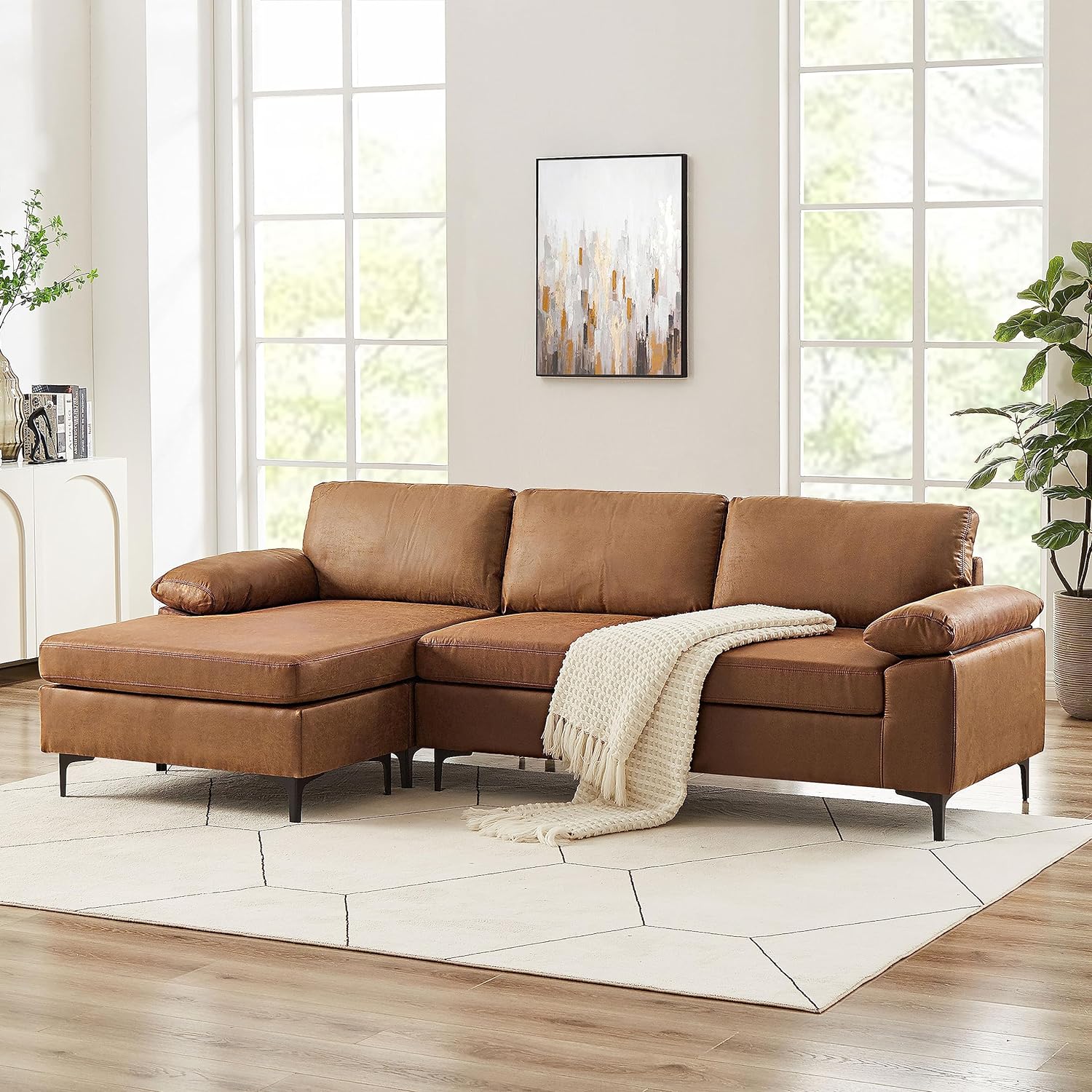 VANOMi 100 Sectional Sofa, Faux Leather Mid-Century Modern Reversible Couch, L Shaped 3-Seat Sofa Couch with Chaise for Living Room, Brown