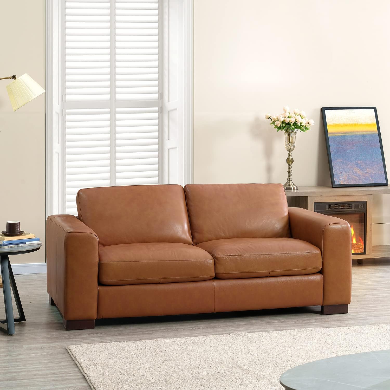 Naomi Home Oversized Genuine Leather Loveseat Sofa - Ultimate Comfort - Modern Small Couch - Mid-Century Living Room Couch, Eco-Friendly Corner Loveseat, Reversible Cushions, Tan