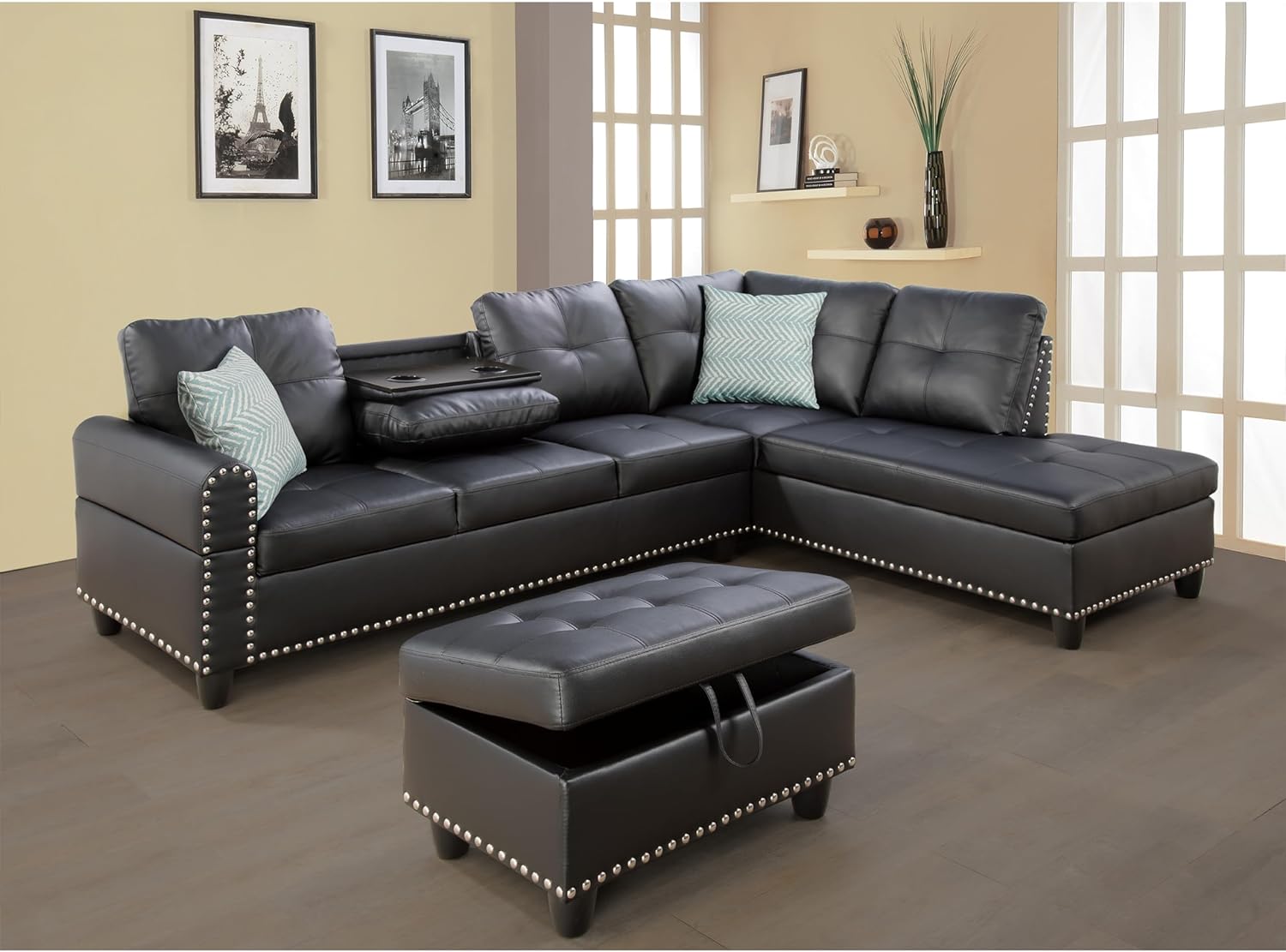 L-Shaped Modular Sectional Sofa Couch with Right Chaise, 5 Seaters Faux Leather Upholstered Corner Sofa&Couch W/2 Cup Holders and Storage Ottoman for Home Apartment Office Living Room Furniture Sets