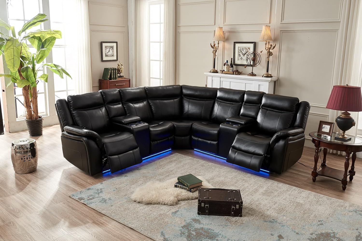 FANYE Electric Power Motion Corner Sectional Leather Upholstered Recliner Sofa & Couch W/ 2 Console Storage, 4 Cup Holders,USB Ports and LED Stripes for Living Room Furniture Sets, Black Pu