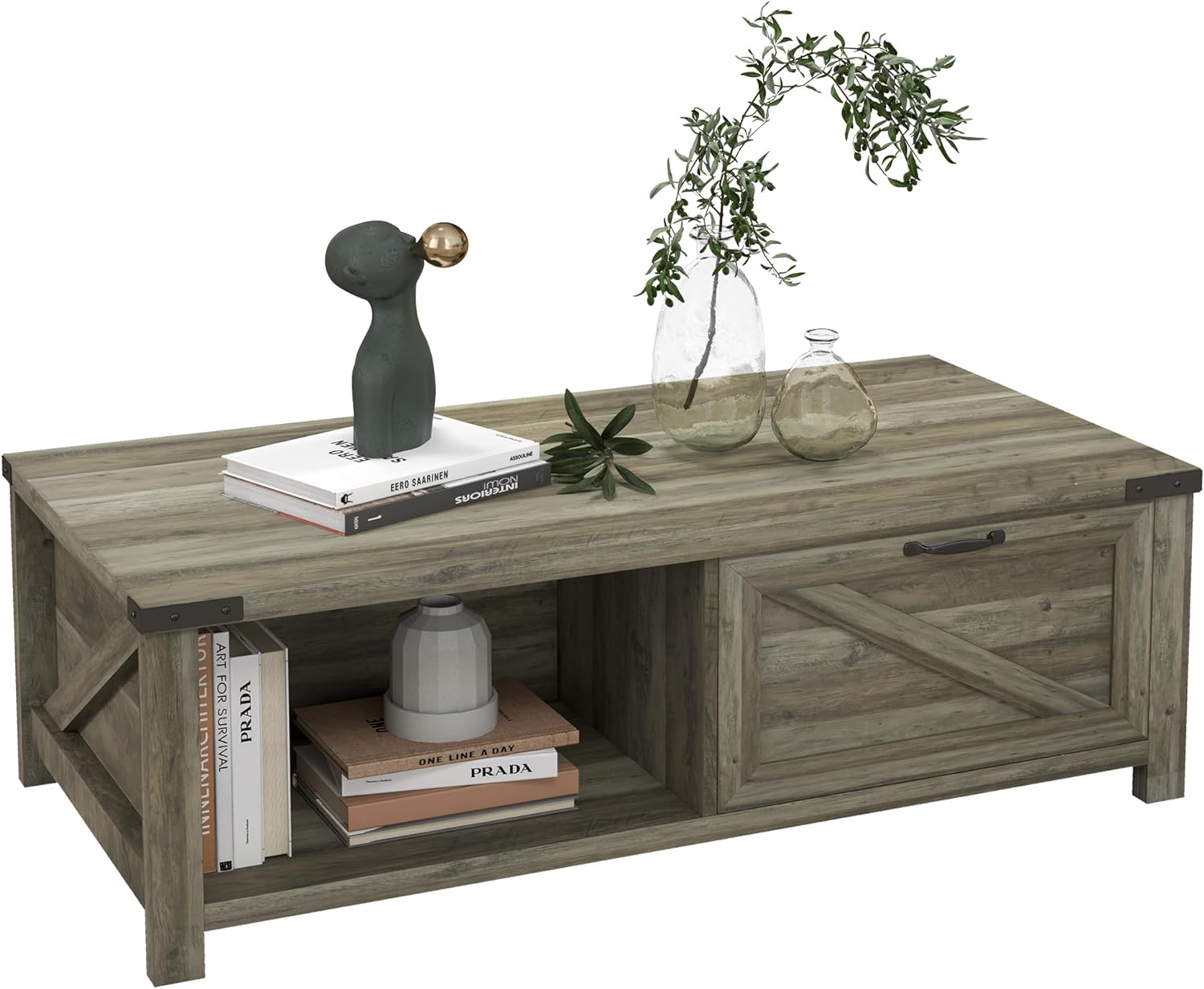 HOMCOM Farmhouse Coffee Table with Storage and Drawer, Rustic Coffee Table for Living Room, Open Shelf, Grey Oak