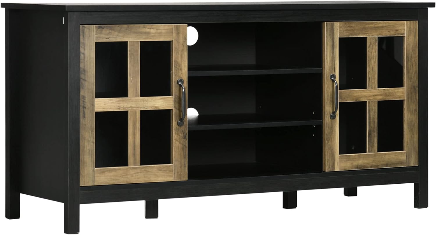 HOMCOM TV Cabinet, Farmhouse TV Stand for 55 Inch TV, Entertainment Center with Adjustable Shelves and Doors for Living Room, Black