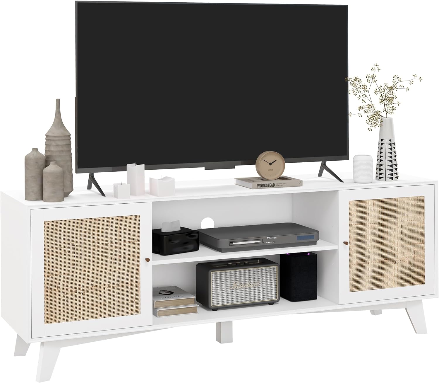 HOMCOM TV Stand for 65 Inch TV, Boho TV Cabinet with Rattan Doors, Adjustable Shelves and Storage Cabinets, Entertainment Center for Living Room, White