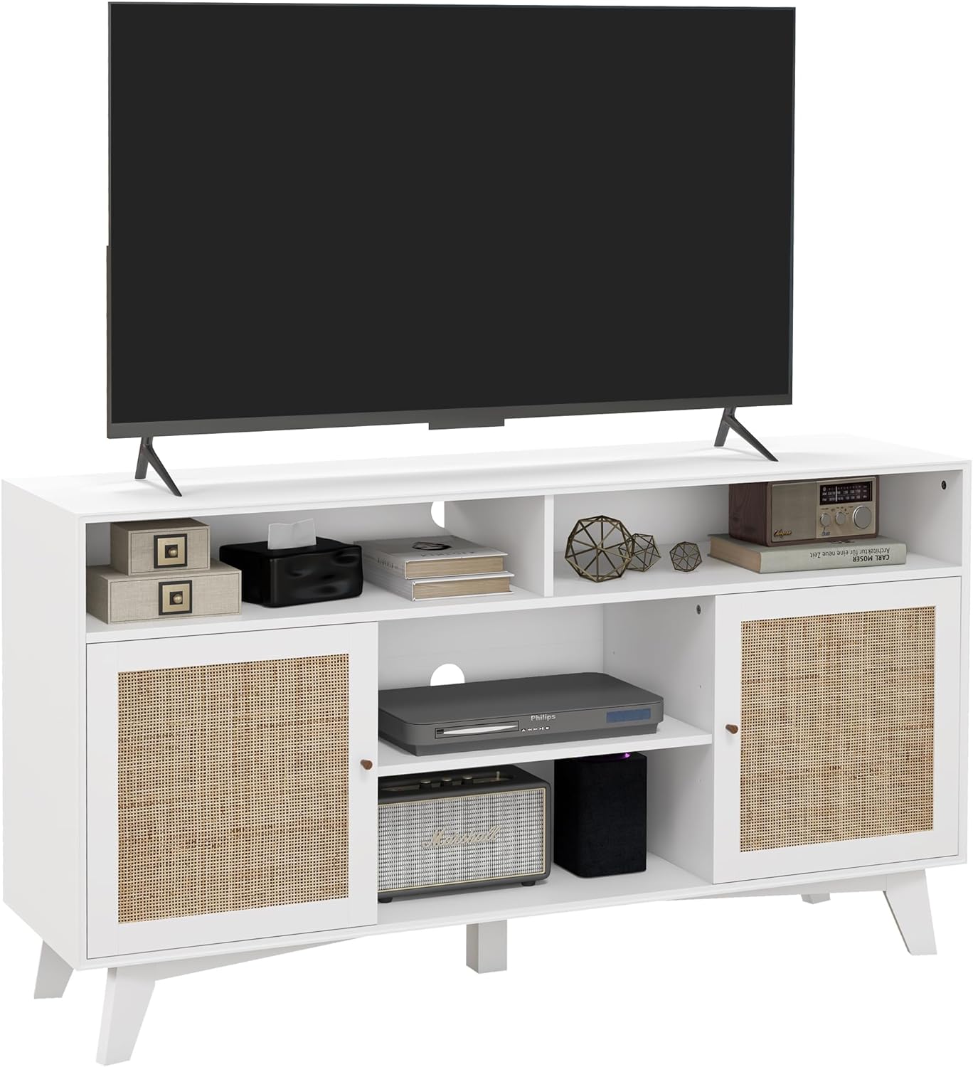 HOMCOM TV Stand for 65 Inch TV, Boho TV Cabinet with Rattan Doors, Adjustable Shelves, Storage Cabinets and 4 Open Shelves, Entertainment Center for Living Room, White