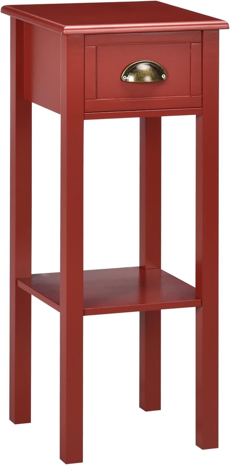 HOMCOM 2-Tier Side Table with Drawer, Narrow End Table with Bottom Shelf, for Living Room or Bedroom, Red