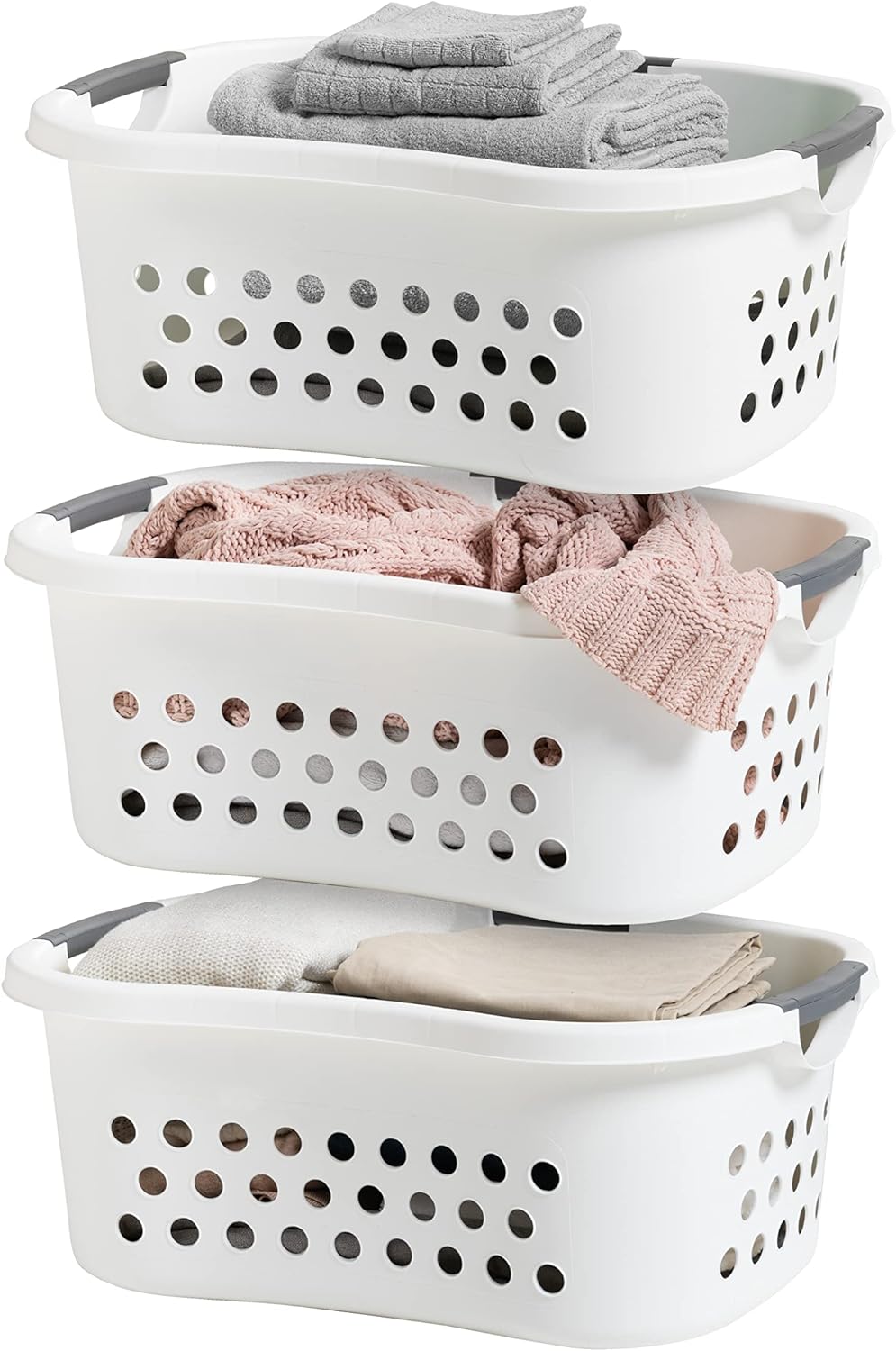 I bought these laundry baskets three years ago and loved them so much I bought three more a couple months ago. The new ones are not at all as sturdy as the originals, all three have had at least one handle break while carrying a normal amount of laundry (once when it was entirely folded and so help me) I have three small kids and a serious laundry rotation, so it would have been nice to have 6 stackable baskets, but I wouldnt recommend them now as theyre pretty flimsy.