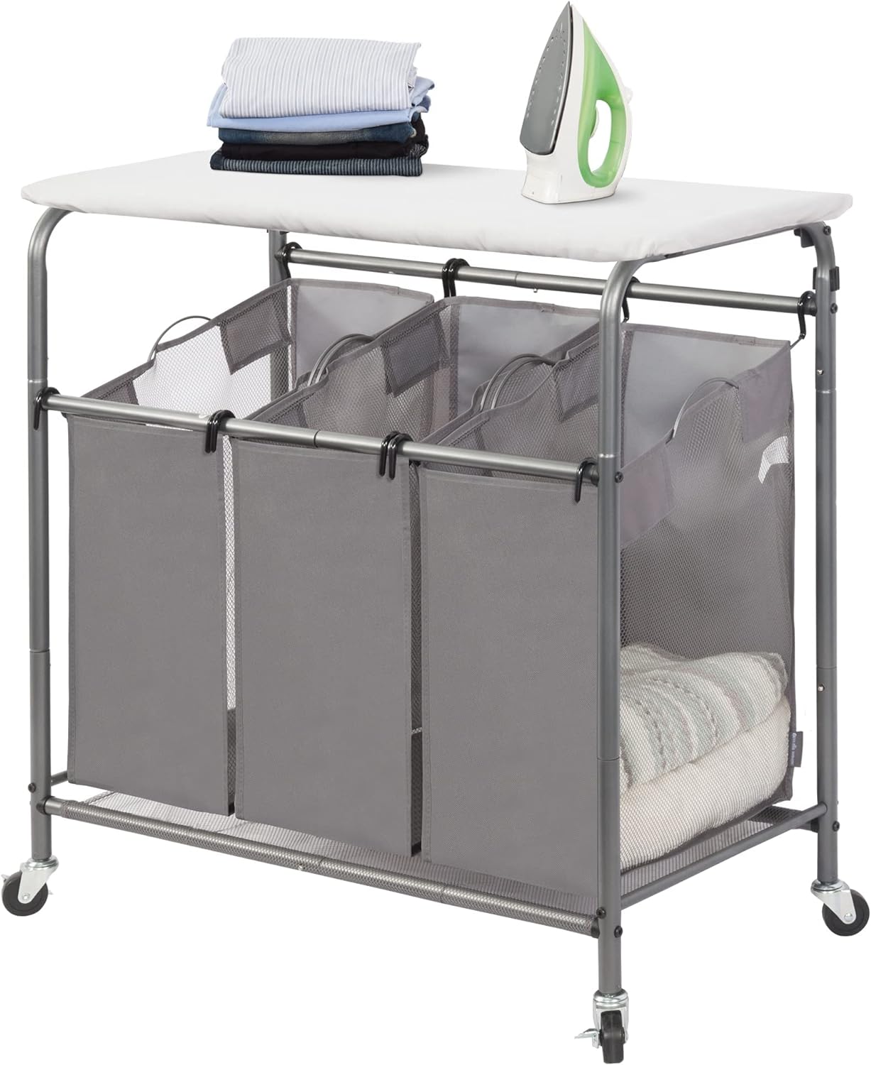 I love this product! It fits perfectly in a nook between my drier and the wall in my laundry room and slides in and out with ease. Good quality wheels and it' easy to open and close the top as well. It' nice to roll around the house sorting laundry or putting it away. I like having laundry stored/sorted in it if the washer is already full with another load. I haven't actually ironed on it but my sister has the same one and has used it to iron with no complaints. I mostly use the table top part