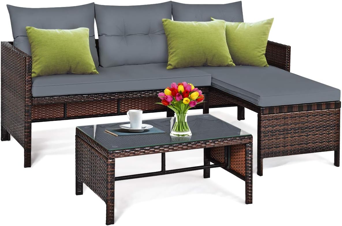 Tangkula Patio Corner Sofa Set 3 Piece, Outdoor Rattan Sofa Set, Includes Lounge Chaise, Loveseat & Coffee Table, Patio Garden Poolside Lawn Backyard Furniture (Gray)