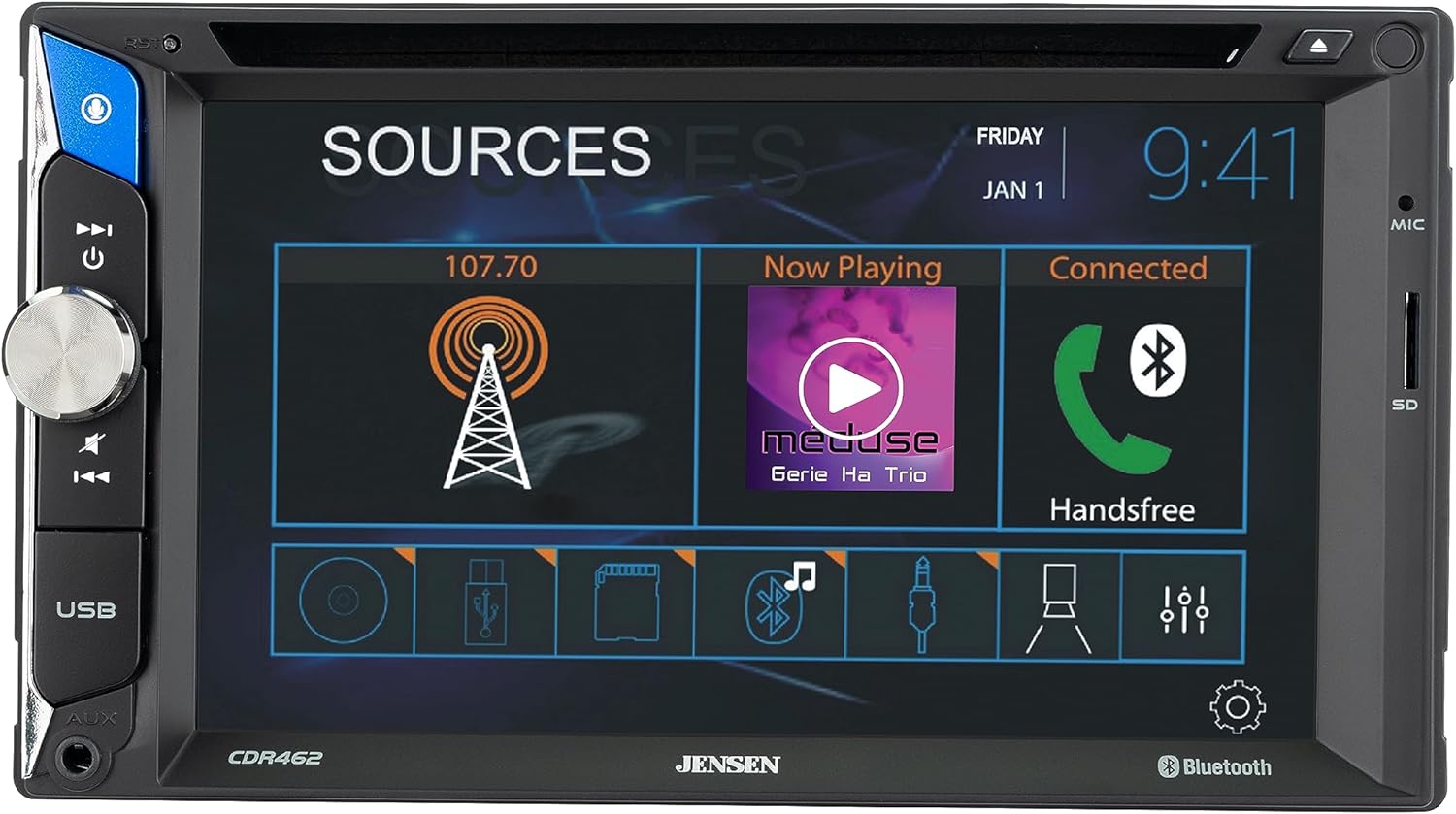 Jensen CDR462 6.2 inch LED Touch Screen Double Din Car Stereo Radio | CD & DVD Player | Push to Talk Assistant | Built-in Bluetooth & Music Streaming | Backup Camera Input | USB & microSD