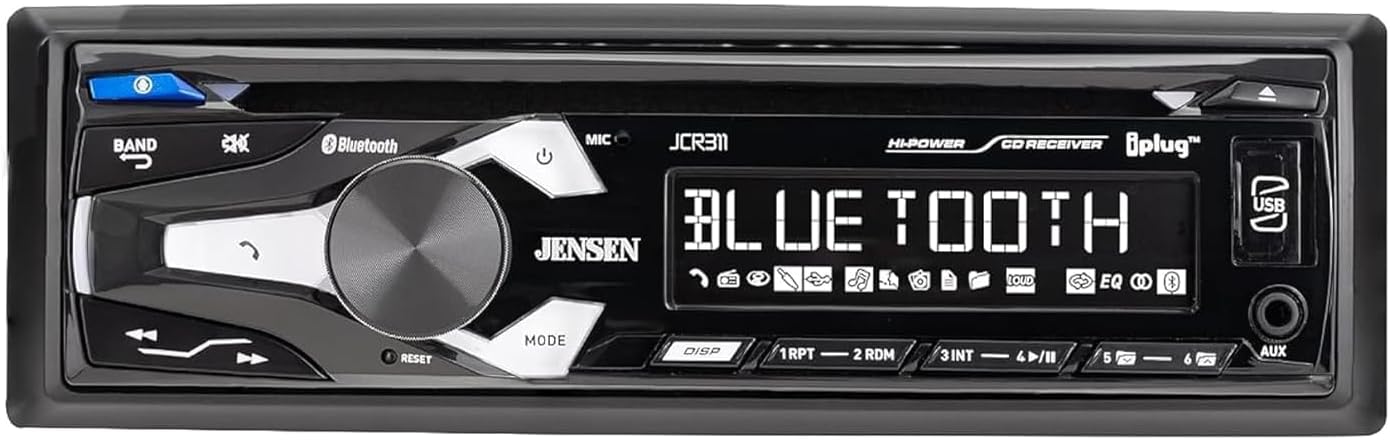 Jensen JCR311 10 Character LCD Single DIN Car Stereo Radio CD Player Push to Talk Assistant Bluetooth Hands Free Calling & Music Streaming AM/FM Radio USB Playback & Charging