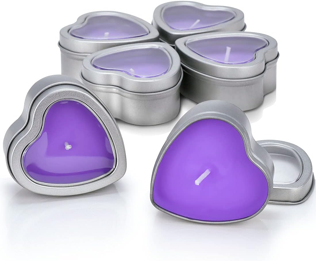 DEYBBY Large Heart Shaped Scented Tea Lights Candles, Smokeless Soywax 6 Hours Long Burning Lavender Purple Aromatherapy Candles for Relaxation, Spa and Bath (Pack of 6)