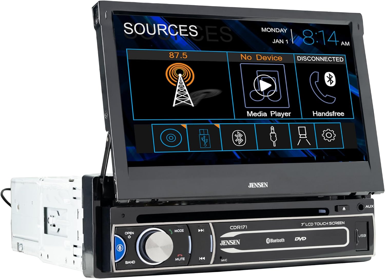 JENSEN CDR171 7 inch AM/FM Motorized Flip Out LED Media Touch Screen Single Din Car Stereo Radio | CD & DVD Player | Push to Talk Assistant | Bluetooth | Backup Camera Input | USB and 3.5mm AUX Inputs